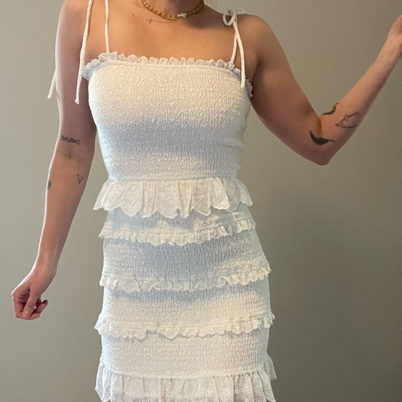 White Smocked and Ruffle Bodycon Mini Dress with Tie Straps - Picture 5 of 5